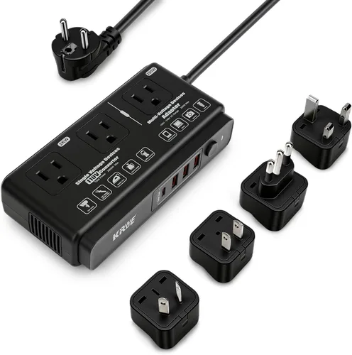 220v to 110v Travel Voltage Converter: International Universal Voltage Black Converter US to Europe Power Strip Plug Transformer - 2000W Electric