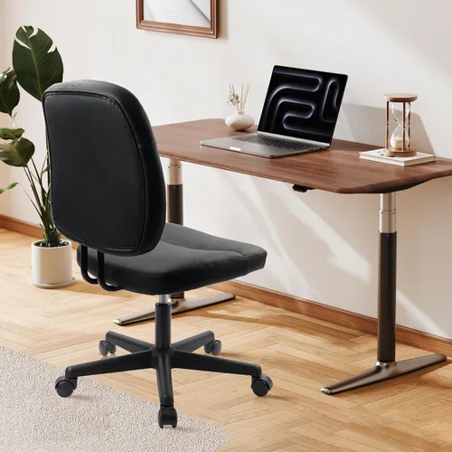 Miniatura 9 de CLATINA Silla de oficina en casa sin brazos, pequeña silla ergonómica de piel sintética con respaldo bajo con soporte lumbar y ruedas, altura
