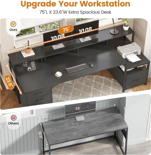 Miniatura 5 de SEDETA Escritorio para computadora de 75'' con 5 cajones, toma de corriente y luces LED, escritorio de oficina en casa con cajón de archivos, Negro
