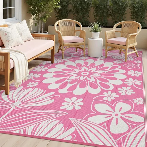 Miniatura 22 de Ileading Alfombra de Paja de Plástico para Exteriores 5x8 pies Estilo Floral Divertido Alfombras de Área Reversibles para Patio Impermeables