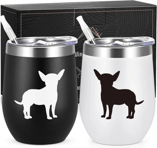 Lifecapido Regalos de Chihuahua, Juego de 2 Vasos de Vino de Acero Inoxidable de 12oz con Silueta de Chihuahua, Regalos de Cumpleaños y Navidad para