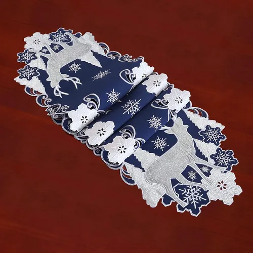 Miniatura 2 de Camino de mesa bordado azul marino para Navidad y reno (13 x 69 pulgadas)