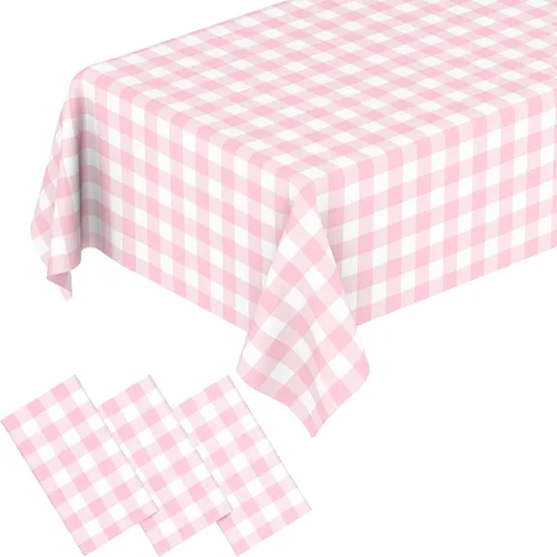3 manteles desechables de plástico a cuadros para fiestas, impermeables, rectangulares, color rosa y blanco, para campamento, cumpleaños, fiestas,