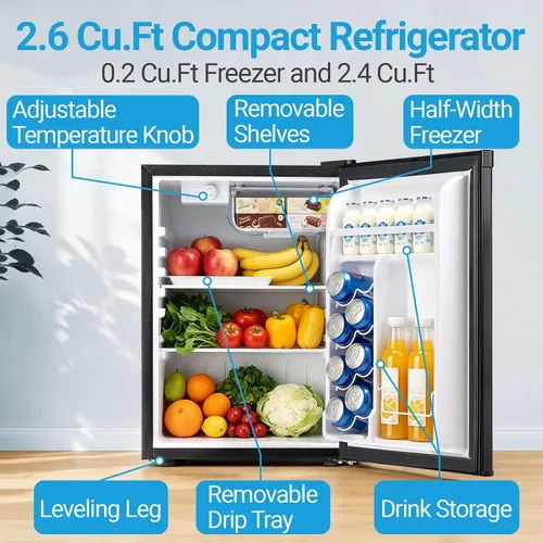 Miniatura 5 de Erivess Mini refrigerador de 2.6 pies cúbicos con congelador, refrigerador compacto de una sola puerta con 7 ajustes de temperatura ajustable, 2