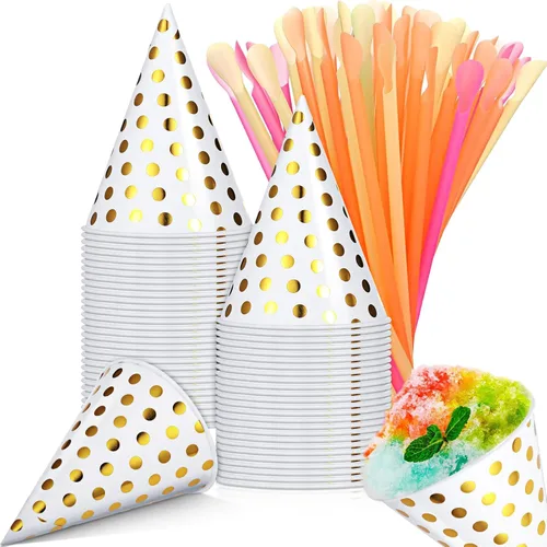 Boao Juego de 100 tazas de cono de nieve de 4.5 onzas y pajitas de papel desechables, jarabe, lunares dorados, a prueba de fugas, suministros de