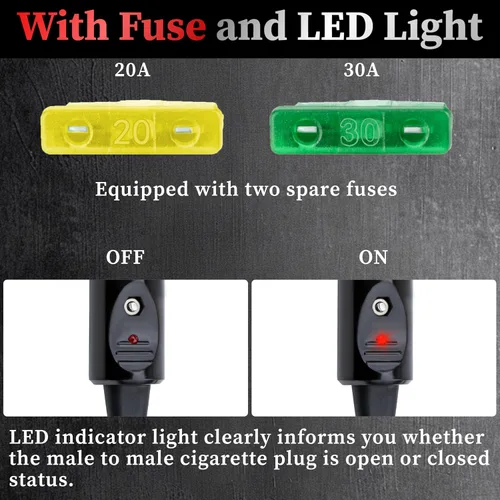 Miniatura 5 de Enchufe de encendedor de cigarrillos resistente de 12 AWG, cable adaptador de enchufe macho de encendedor de cigarrillos de 10 pies con luces LED