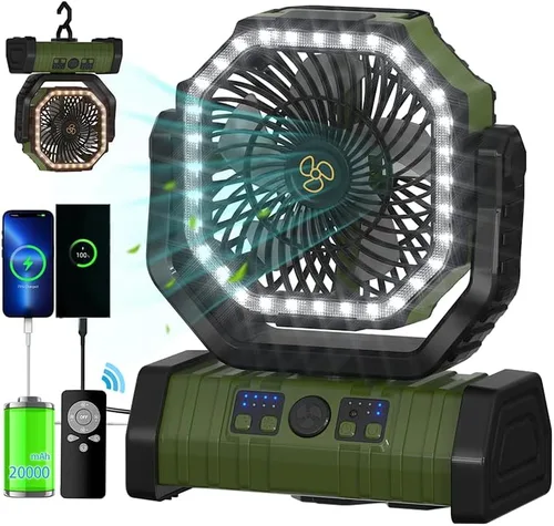 Miniatura 10 de ADUST Ventilador Portátil de Campamento con Batería, Ventilador con Luz LED 20000mAh Recargable, Oscilación Automática, Rotación de 270°, Gancho