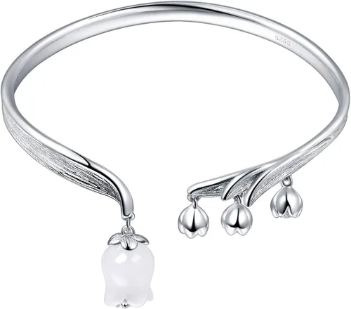 Jewever Lily of the Valley - Pulsera de plata de ley 925 con flores de jade blancas naturales y románticas, regalo de joyería para mujer