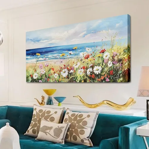 Rtriel Arte de pared floral de playa para sala de estar, flores silvestres, dormitorio, decoración de pared, cuadro de flores, listo para colgar, 40