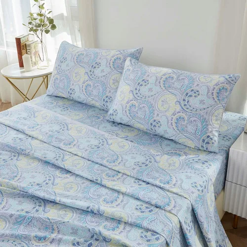 Miniatura 9 de Brandream Juego de sábanas tamaño King con estampado floral lujoso estilo bohemio con medallón azul y estampado de cachemira, colección de ropa