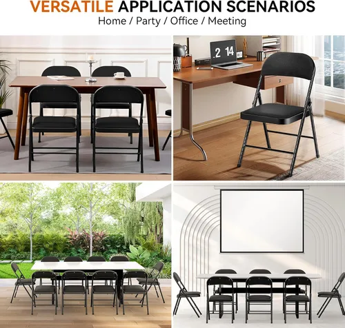 Miniatura 6 de Fenbeli Paquete de 4 sillas plegables con cojín, sillas plegables acolchadas negras con respaldo, marco de metal y asiento de esponja, sillas