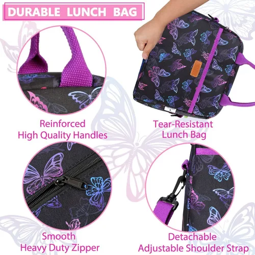 Miniatura 4 de VX VONXURY - Lonchera para mujeres y niñas, bolsa de almuerzo aislada, bonita bolsa de almuerzo con mariposa morada, contenedor de alimentos