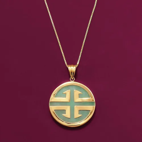 Miniatura 4 de Ross-Simons Colgante circular de jade "Longevity" en oro amarillo de 14 quilates, Oro amarillo, Jade