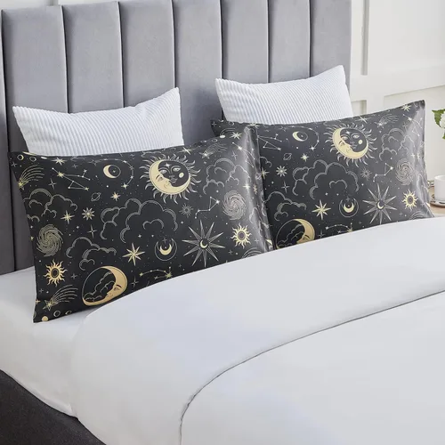 Miniatura 2 de EXQ Home - Funda de almohada de satén para cuidar el cabello y la piel, tamaño estándar, de seda con estampado negro, juego de 2 fundas con cierre