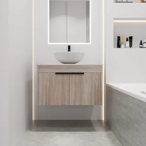 Miniatura 13 de Combinación de tocador de baño de 30 pulgadas con lavabo, moderno tocador flotante montado en la pared con lavabo de cerámica y puerta de cierre
