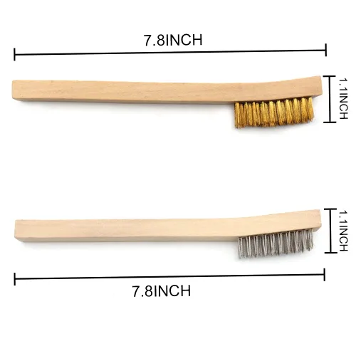 Miniatura 3 de Juego de 12 cepillos de alambre, pequeños cepillos de alambre para detallar, cerdas de latón/acero inoxidable con mango de madera curvado de 8