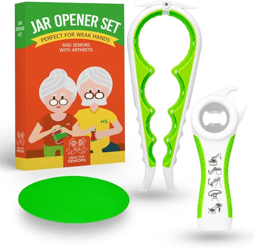 Healthy Seniors Abrebotellas para manos débiles y personas mayores con artritis, 5 en 1, abrebotellas multifunción para manos artríticas con agarre