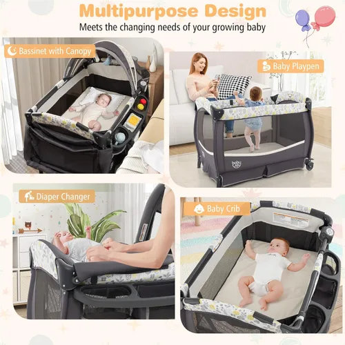 Miniatura 2 de BABY JOY 4 en 1 Pack and Play, corralito portátil para bebé con moisés y mesa de cambio abatible, toldo, centro de actividades de moisés para bebés