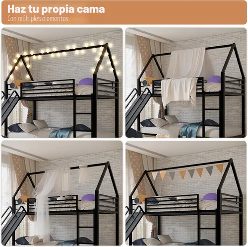 Miniatura 7 de Litera de cama individual sobre individual con tobogán, marco de cama en forma de casa con escalera, estructura de cama baja de servicio pesado