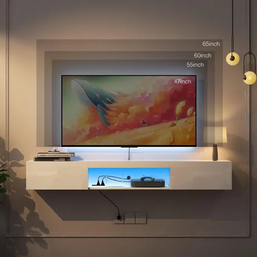 Miniatura 4 de Vibe & Dine Soporte de TV LED con diseño de patrón en espiral, soporte de TV flotante de 63 pulgadas con luces RGB, centro de entretenimiento