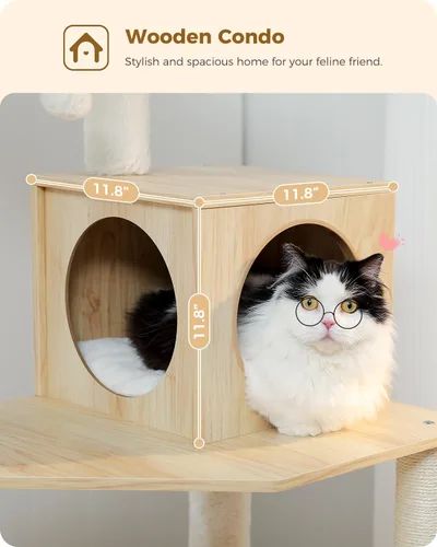 Miniatura 9 de PETEPELA Árbol de Madera para Gatos de Interior Torre de Múltiples Niveles con Postes Rascadores Cubiertos de Sisal, Condominio Acogedor, Hamaca