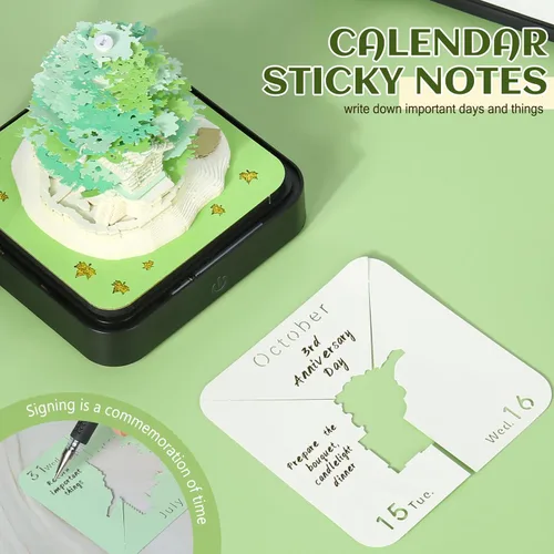 Miniatura 2 de Calendario 3D 2026, calendario de piezas de tiempo 2026, creativo tallado de papel para decoración de escritorio, tallado, arte de bricolaje, Verde