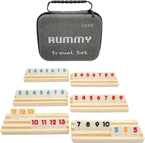 Mini Travel Rummy Cube Set con 6 estantes de madera, 160 fichas de juego Rummy Cube Edición para 6 jugadores con estuche portátil para juegos de