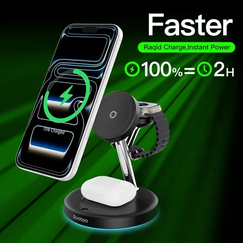 Miniatura 2 de Cargador inalámbrico 3 en 1 para iPhone, estación de carga magnética para la familia Apple con luz ambiental azul ajustable, soporte de cargador