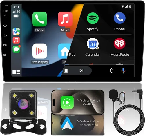 9" IPS Visualización Completa Táctil 2+32G Radio de Coche Doble Din Receptores de Audio Vídeo Estéreo con CarPlay Inalámbrico Android Auto Cámara de