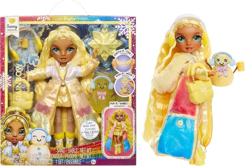 Rainbow High Winter Wonderland Sunny - Muñeca de moda amarilla de 11 pulgadas con nieve mágica oculta en la moda que infla agua y kit de muñeco de