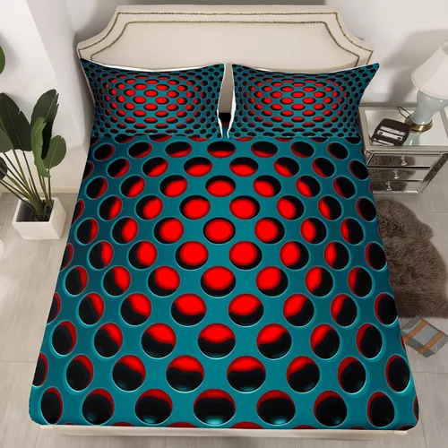 Miniatura 3 de Erosebridal Juego de sábanas bajeras geométricas de colmena hexagonal de panal verde y rojo, luces de neón, con agujeros densos estereoscópicos