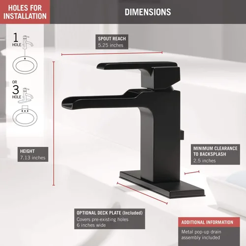Miniatura 3 de Delta Faucet Ara - Grifo de baño de 3 agujeros, grifo de baño negro mate, grifo de cascada, montaje de drenaje de metal, negro mate 3568LF-BLMPU
