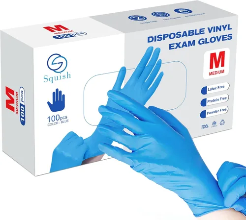 Miniatura 9 de squish Guantes desechables, color azul, de vinilo Synmax, guantes de examen no estériles, sin polvo, sin látex, suministros de limpieza, seguros