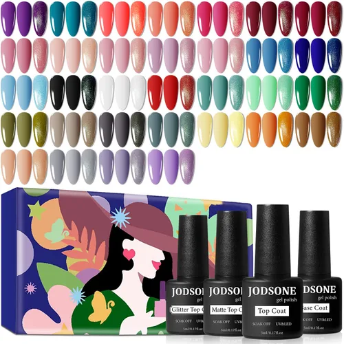 JODSONE Juego de 36 esmaltes de uñas de gel, 32 colores, capa base, capa superior brillante mate y purpurina, juego de esmalte de uñas verde, azul,