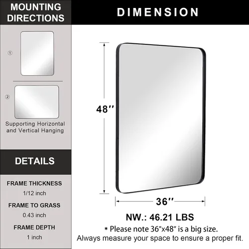 Miniatura 4 de ANDY STAR Espejo de baño negro de 36 x 48 pulgadas, espejo de pared para baño, espejo rectangular redondeado en marco de metal de acero inoxidable