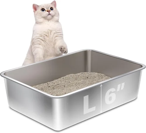 Miniatura 13 de Caja de arena de acero inoxidable con tapa, caja de arena de metal para gatitos, cajas de arena de entrada baja con pala y alfombra, caja de arena