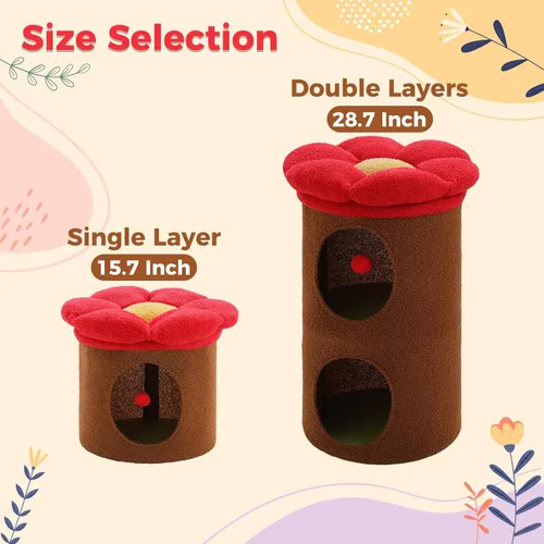 Miniatura 5 de PETEPELA Camas para gatos de 2 niveles para gatos de interior, casa de árbol para gatos con cama de flores extraíble, lindo escondite de gatos