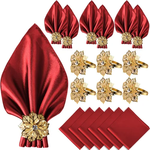 Miniatura 9 de VIJIV Juego de 12 servilletas de tela y juego de 6 anillos para servilletas dorados, 17x17 servilletas de cena de satén cuadradas con flores