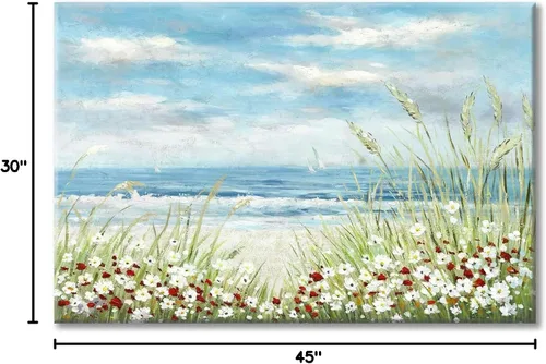 Miniatura 8 de UTOP-art Arte de Pared de Pintura Abstracta de Flores Silvestres: Flores en la Playa con Olas del Océano, Paisaje Marino, Obra de Arte en Lienzo
