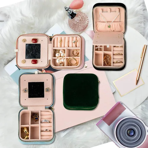 Miniatura 7 de Smileshe Joyero de terciopelo para mujeres y niñas, pequeño organizador de viaje con espejo, mini estuche de regalo portátil, cajas