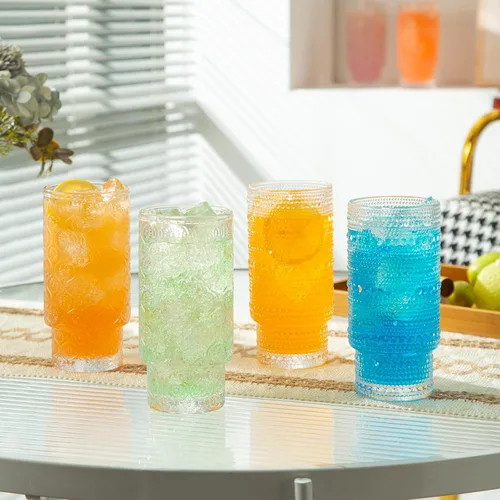 Miniatura 9 de Juego de 4 vasos para beber de 16 onzas, 2 vasos de clavo y 2 copas de agua en relieve, vasos vintage apilables con diseño de flores, vasos de 2