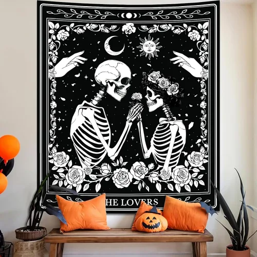Miniatura 11 de Atrippy Tapiz de anime negro y rojo de Halloween, para colgar en la pared, diseño gótico de luna de bosque oscuro, calavera, árbol marchito