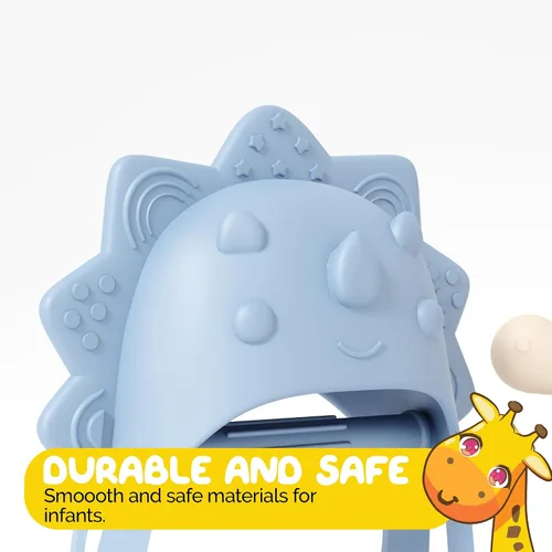 Miniatura 4 de Mordedor de silicona para bebé, paquete de 2 mordedores de mano, pequeño pollito, mini dinosaurio, juguete azul para bebé y juguetes beige para bebés