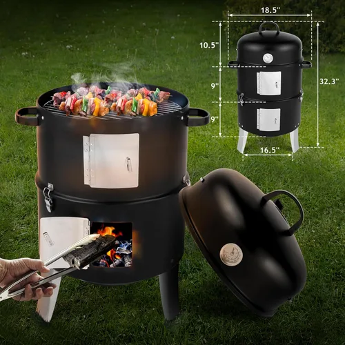 Miniatura 3 de Outvita Ahumador Vertical de Carbón de Acero de 18.5 Pulgadas, Parrilla Cocinero Portátil Resistente 3 en 1 para Exteriores con Termómetro Integrado