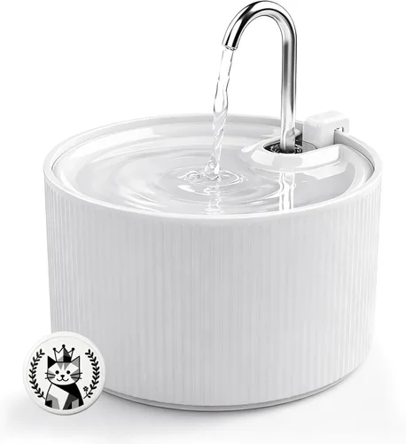 Fuente de agua de cerámica para gatos, fuentes para gatos de 2.2 L/74 onzas para beber en interiores, fuente de agua para mascotas con bomba ultra
