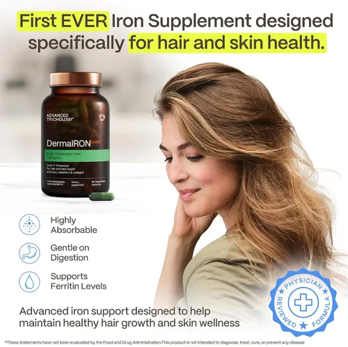 Miniatura 2 de DermaIRON Suplemento de hierro para mujeres y hombres, plancha suave para baja ferritina y apoyo a la anemia, adelgazamiento del cabello y apoyo a