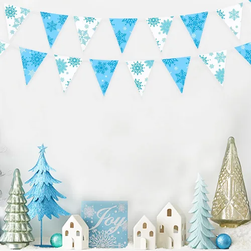 Miniatura 4 de Pancarta de copos de nieve azules y blancos de 32 pies, bandera triangular, banderines de tela para invierno, país de las maravillas, Navidad, Azul