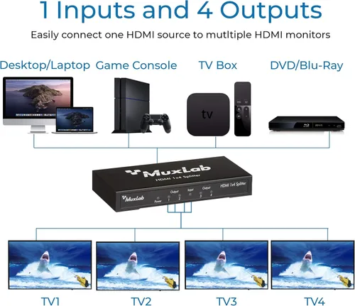 Miniatura 3 de MuxLab Divisor HDMI 1x4 1 en 4 salidas, soporta 3D 4K @30HZ Full HD 1080P @ 60Hz para Xbox PS4 PS3 Fire Stick Roku Blu-Ray Player Apple TV HDTV