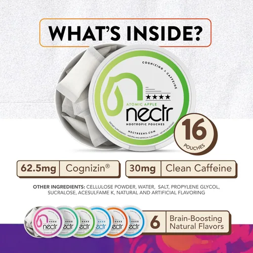 Miniatura 4 de Nectr Bolsas nootrópicas energéticas, con sabor a mango helado, bolsas de cafeína con citicolina Cognizin®. Golosinas cerebrales sin azúcar. Enfoque