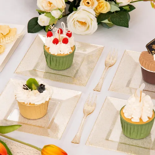 Miniatura 5 de DaYammi 200 platos de postre dorados, incluyendo 100 platos de aperitivo de 6 pulgadas, 100 tenedores de plástico de 5.7 pulgadas, platos cuadrados